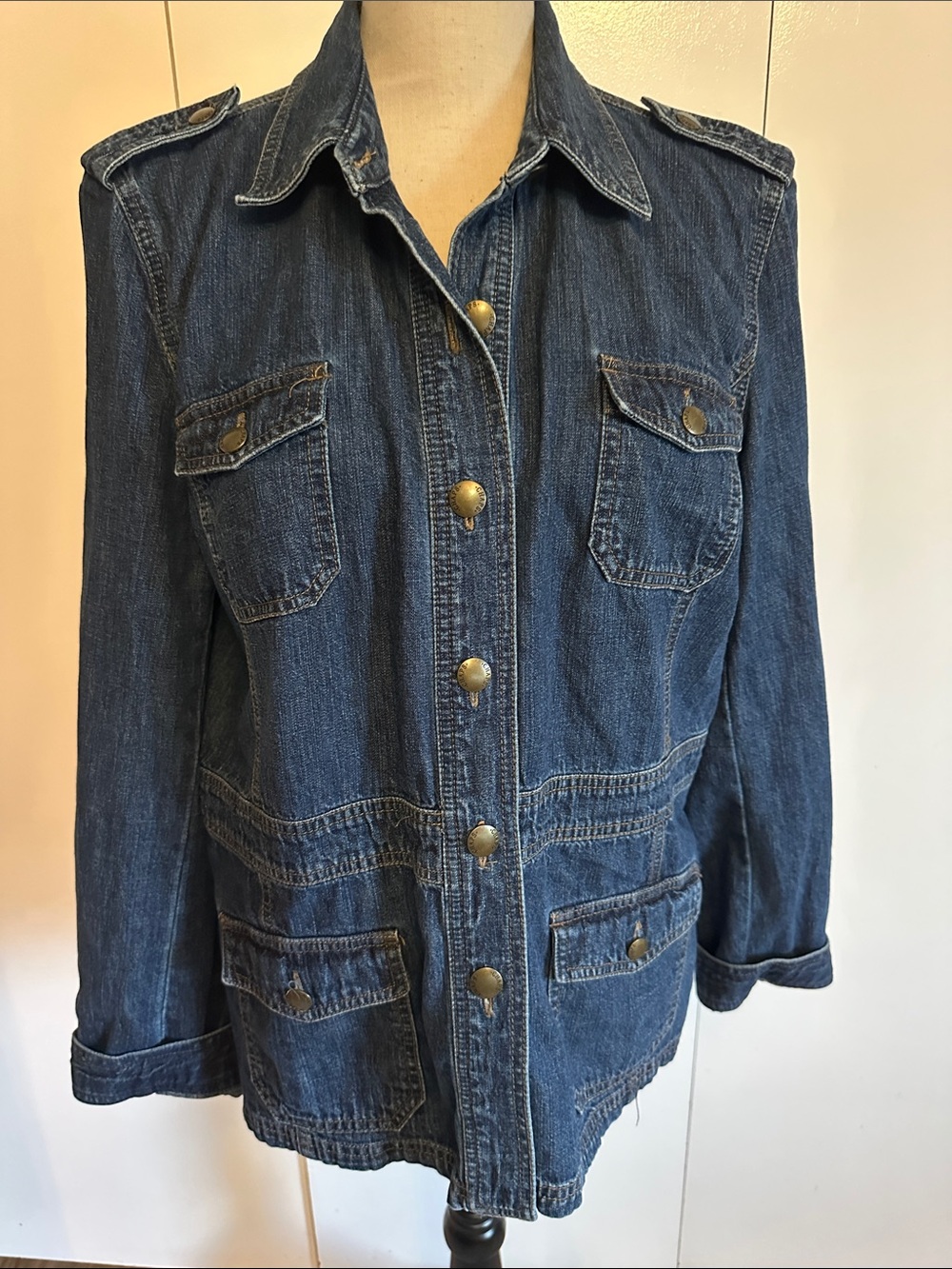 Chaps Dark Blue Denim Utility Jacket with Epaulets